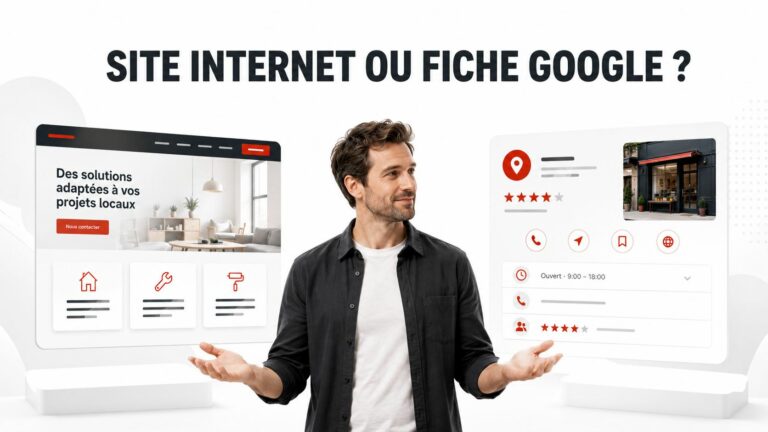 Entrepreneur comparant un site internet et une fiche Google Business Profile